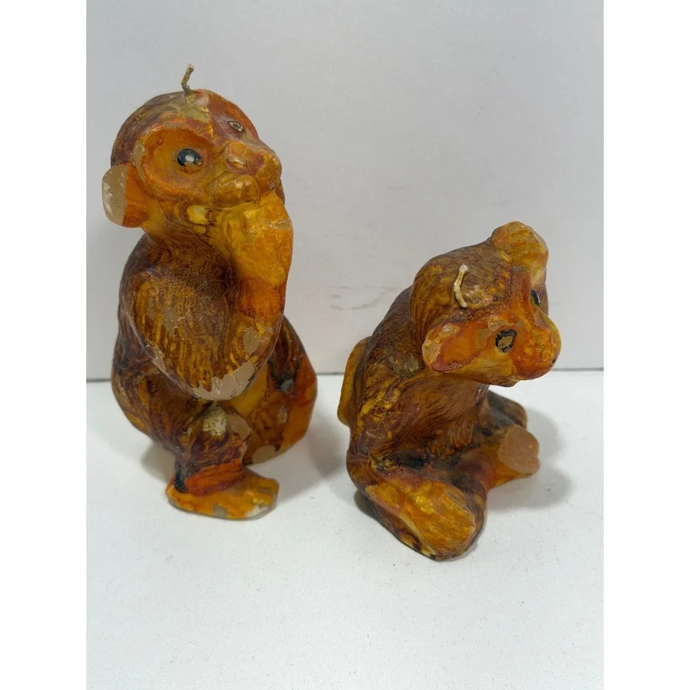 Vintage Monkey Figural Wax Candles Set of 2‎ Brown Orange Primitive Kitsch Decor